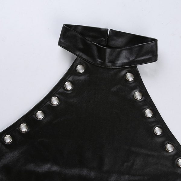 Leather Bodysuit Women Rivet Blackless Tight Halter Sleeveless Underwear