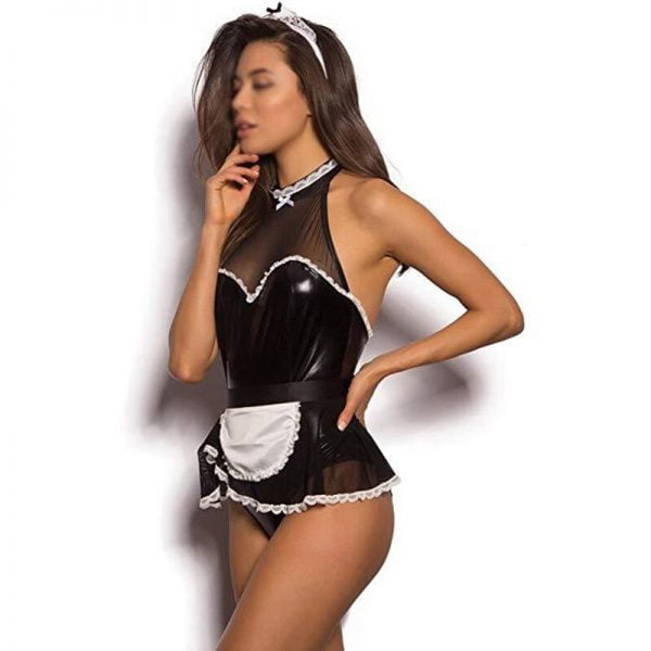Sexy Maid Cosplay Role Play Costumes Latex Mesh Suit