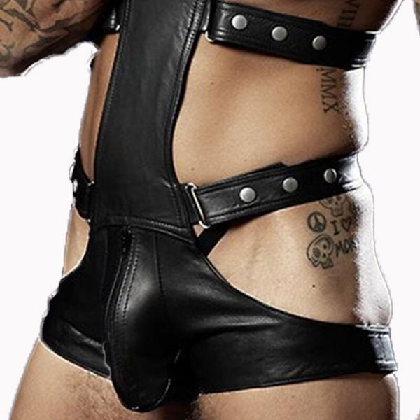 Sexy Men Faux Leather Bodysuit Exotic Fetish Bondage Restraint Lingerie Black Fantasy